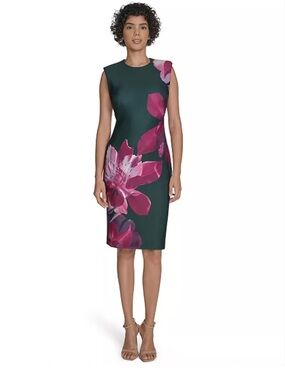 Calvin Klein Green Sheath Dress with Pink Floral Print